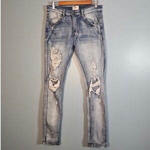 KDNK Men's Blue Medium Wash Stretch Slim Fit Distressed Denim Jeans Size 32